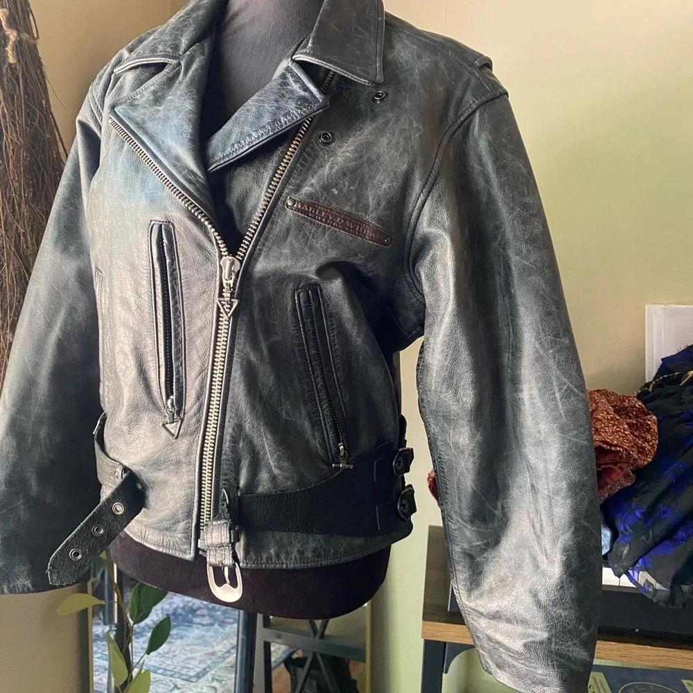 Womens distressed Harley Davidson leather moto jacket corset belt grey marled l - Picture 14 of 16